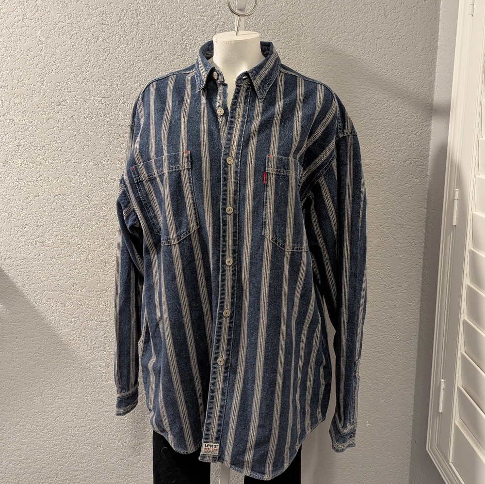 Vintage 90's Levis  Stripe Denim Jean Button Work Shirt Red Tab